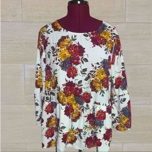 New Time And Tru White & Floral Print Ruffle Peplum Blouse W/Flared Bell Sleeves